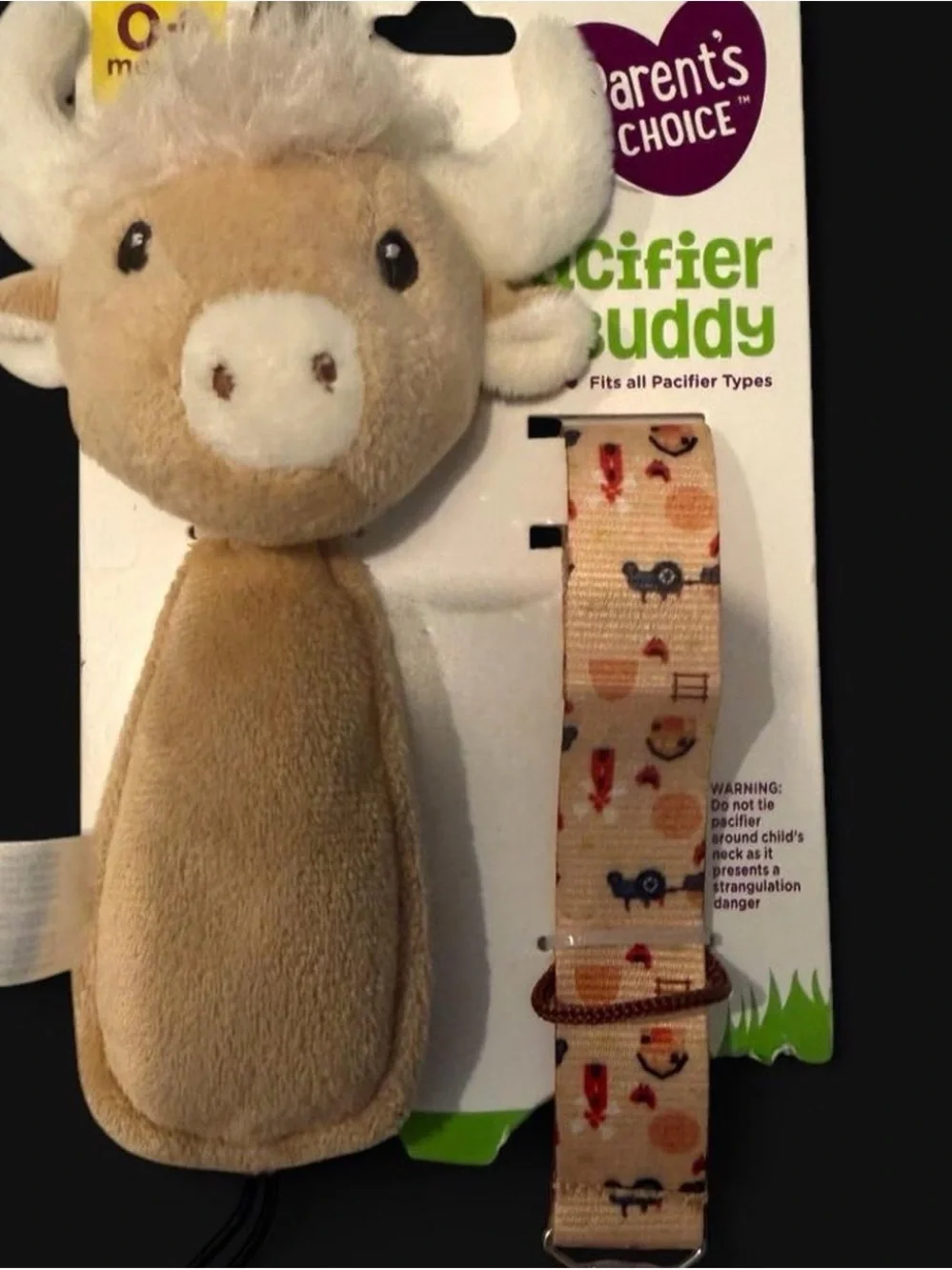 Parent's Choice Beige Plush Pacifier Buddy with Animal-Print Clip